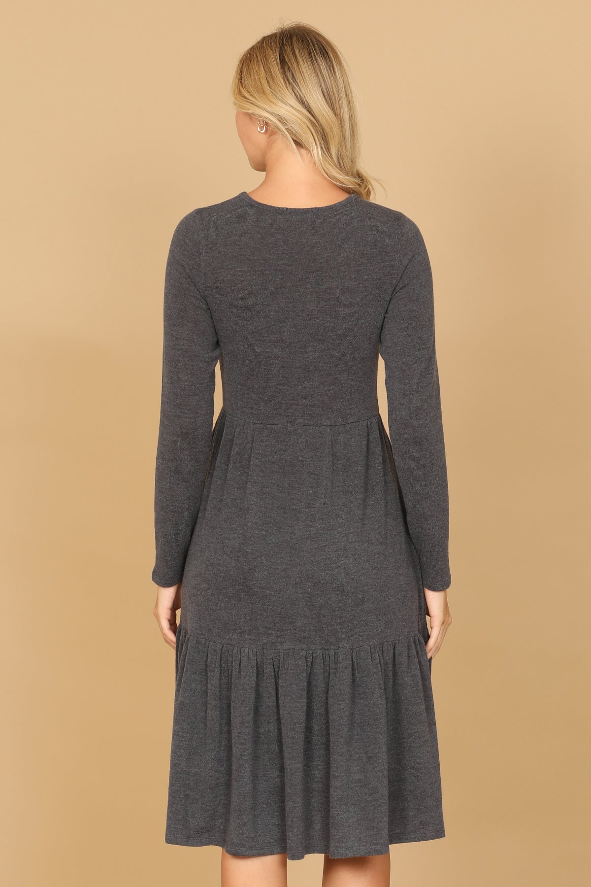 Long Sleeve Crew Neck Tiered Dress with Pockets