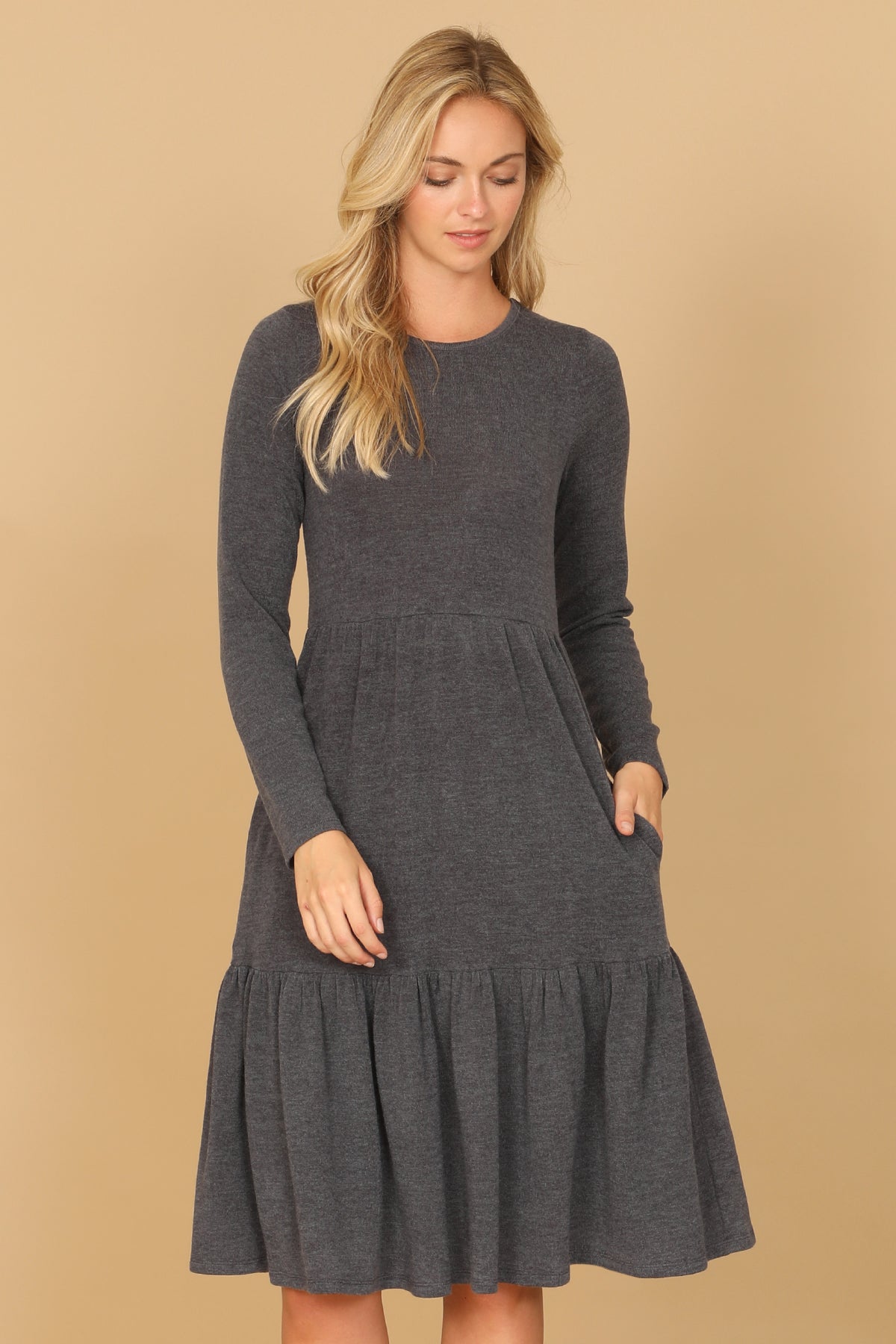 Long Sleeve Crew Neck Tiered Dress with Pockets