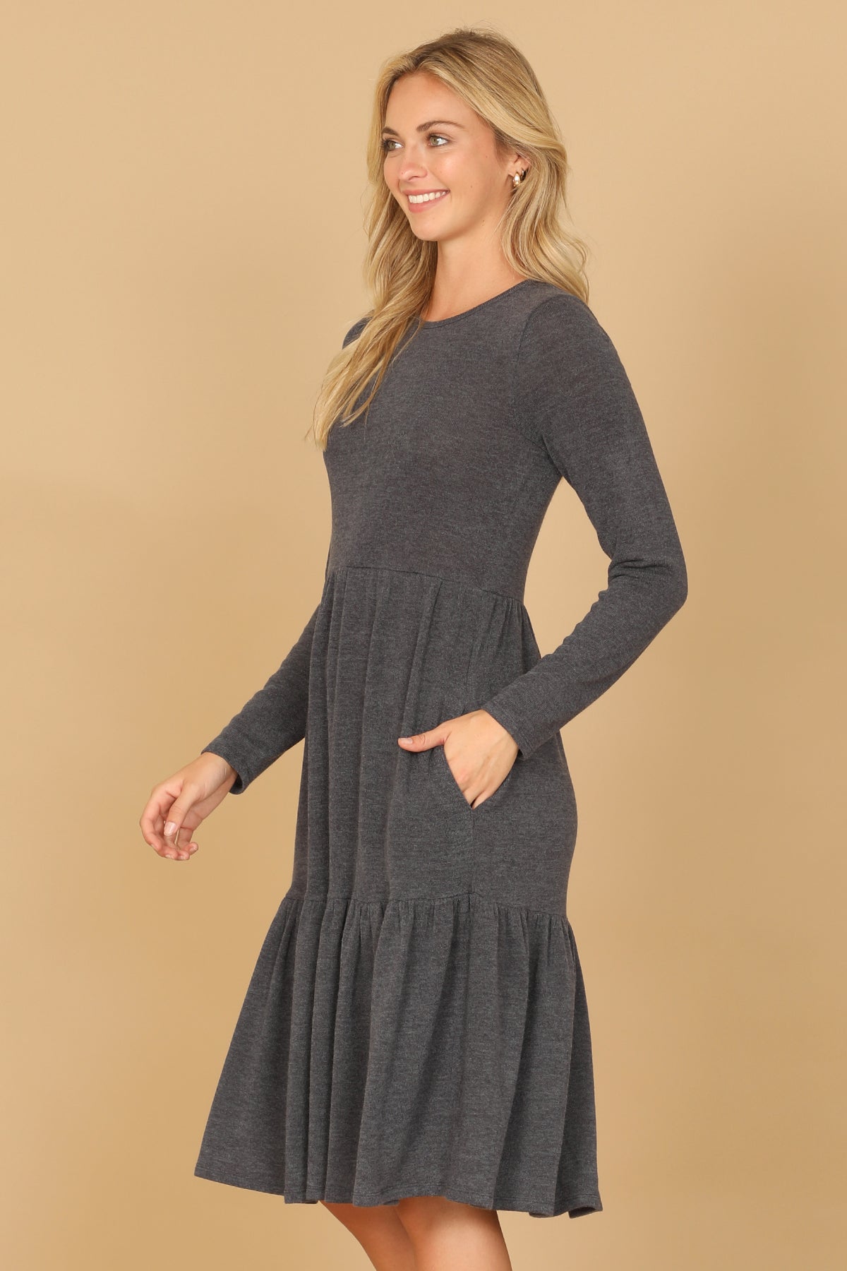 Long Sleeve Crew Neck Tiered Dress with Pockets