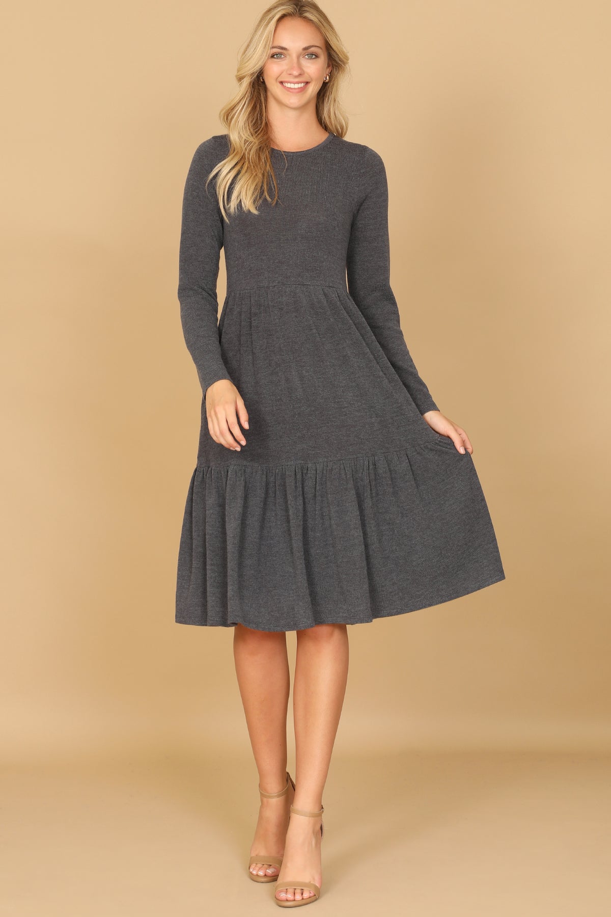 Long Sleeve Crew Neck Tiered Dress with Pockets