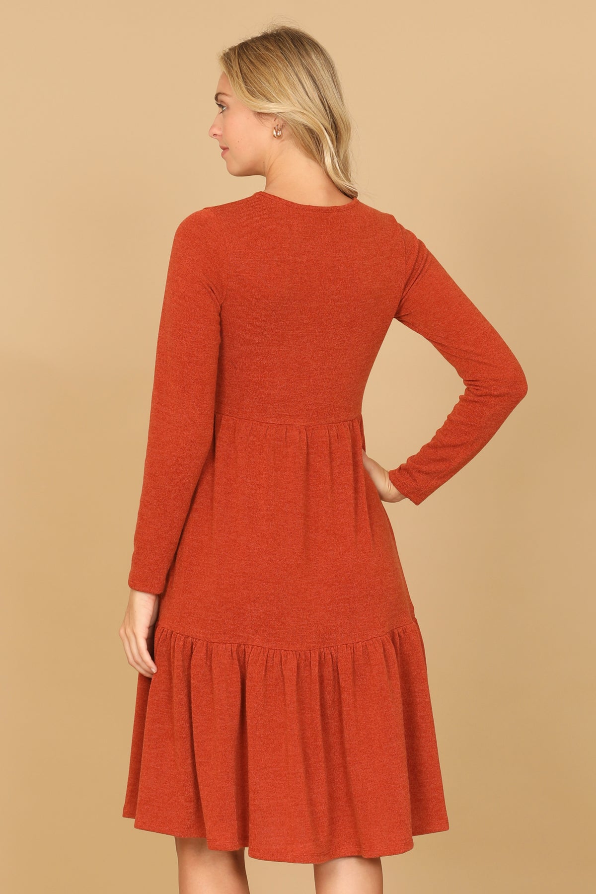 Long Sleeve Crew Neck Tiered Dress with Pockets