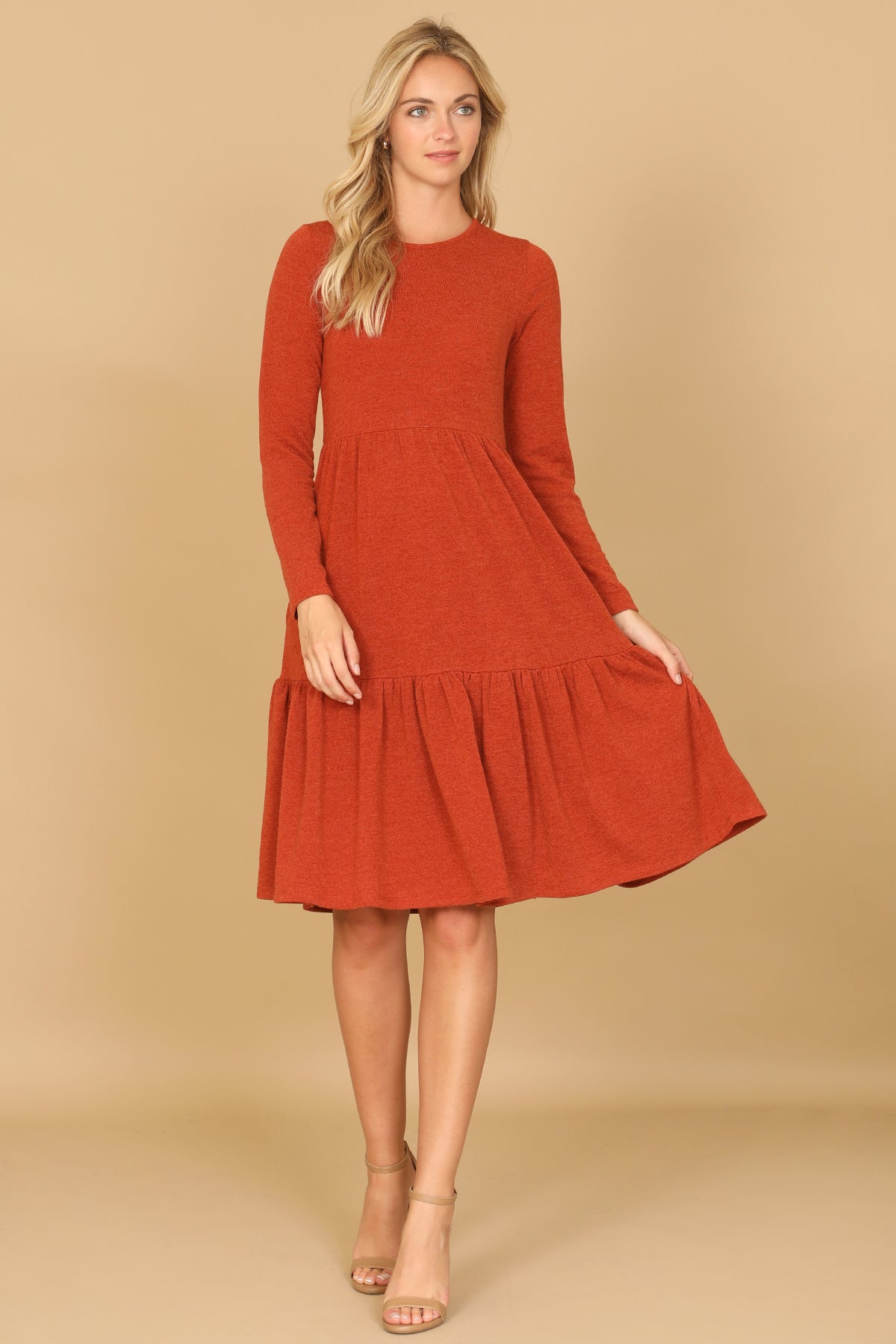Long Sleeve Crew Neck Tiered Dress with Pockets