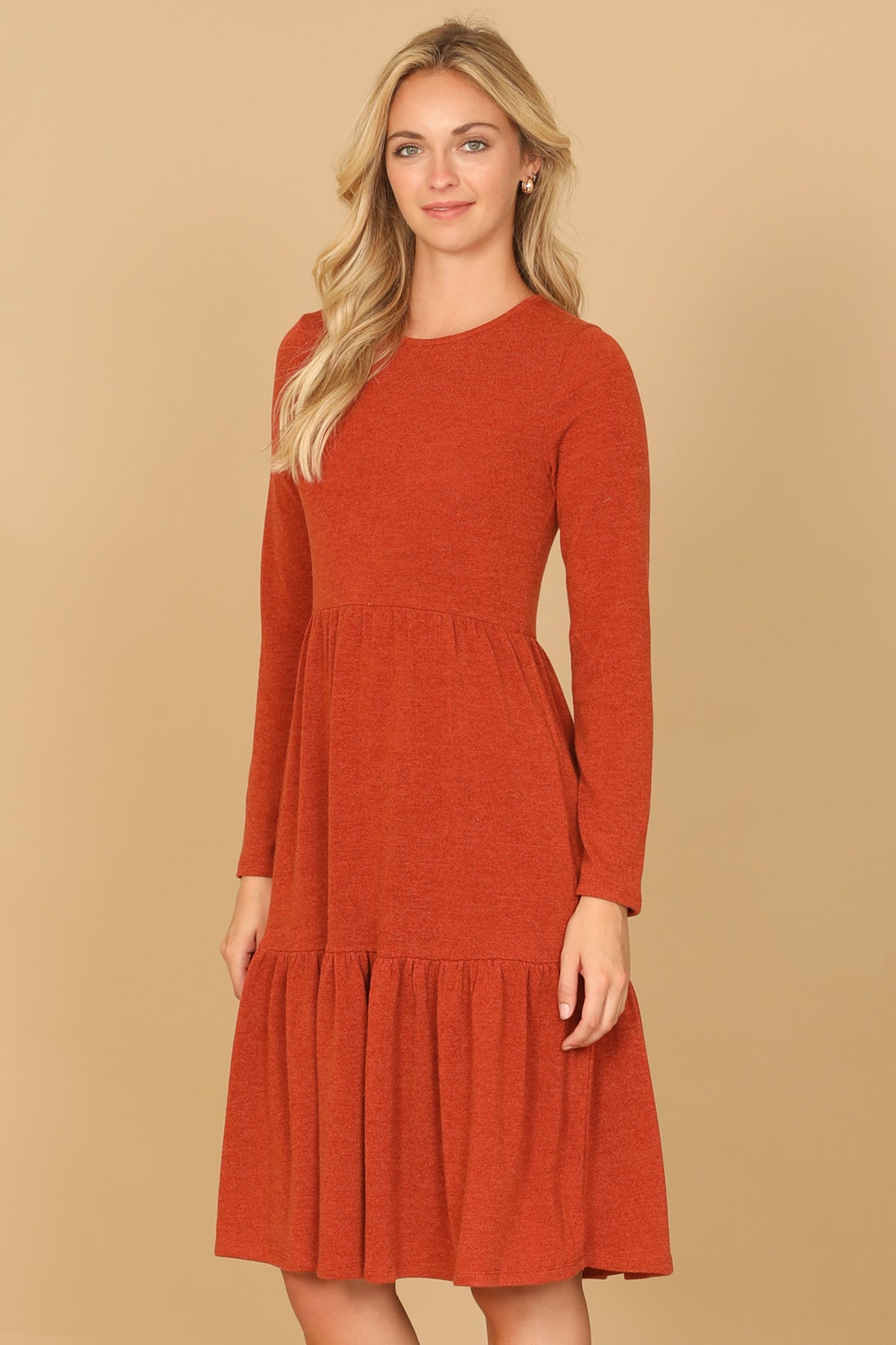 Long Sleeve Crew Neck Tiered Dress with Pockets