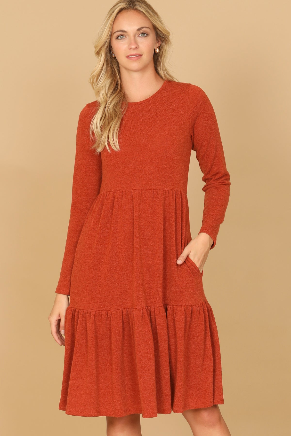 Long Sleeve Crew Neck Tiered Dress with Pockets