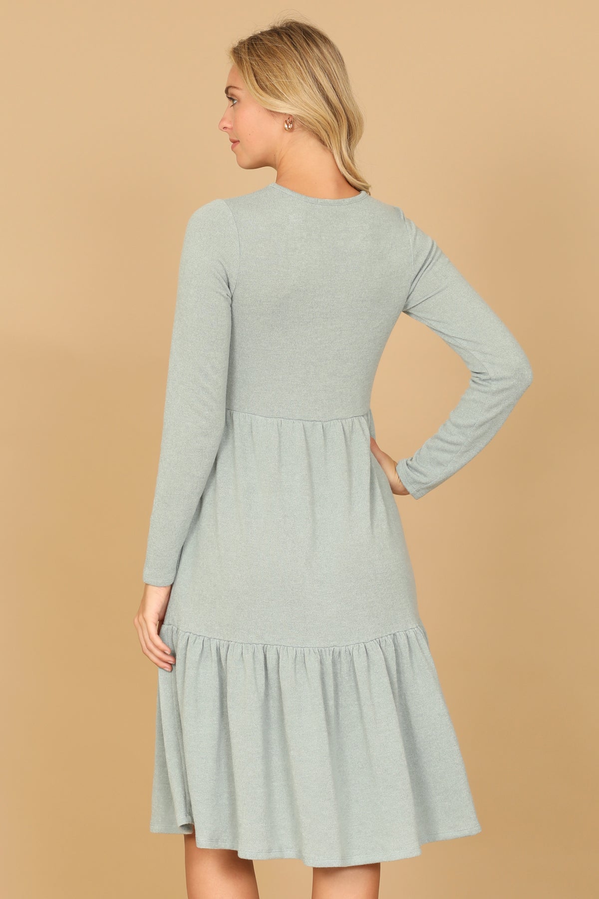 Long Sleeve Crew Neck Tiered Dress with Pockets