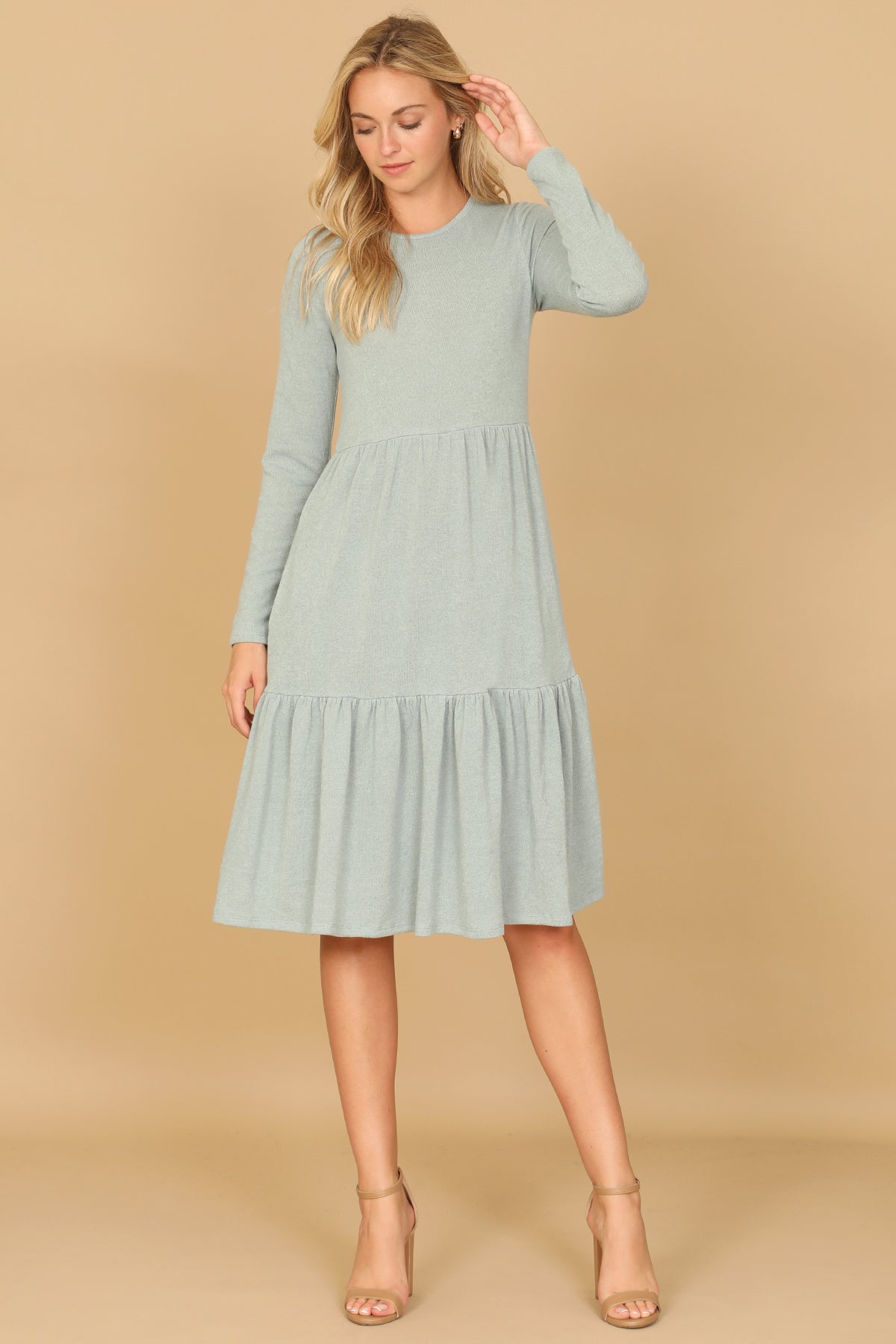 Long Sleeve Crew Neck Tiered Dress with Pockets