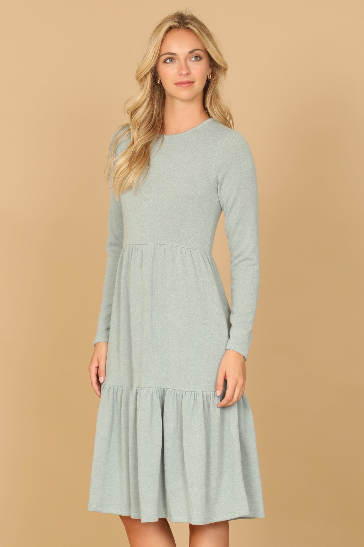 Long Sleeve Crew Neck Tiered Dress with Pockets