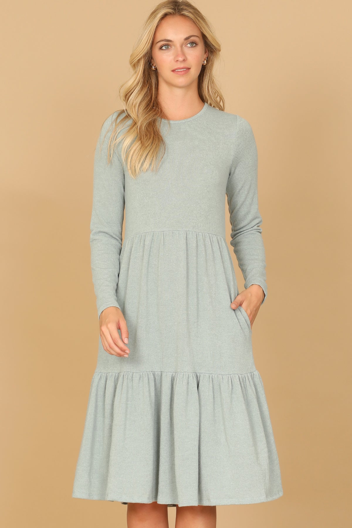 Long Sleeve Crew Neck Tiered Dress with Pockets
