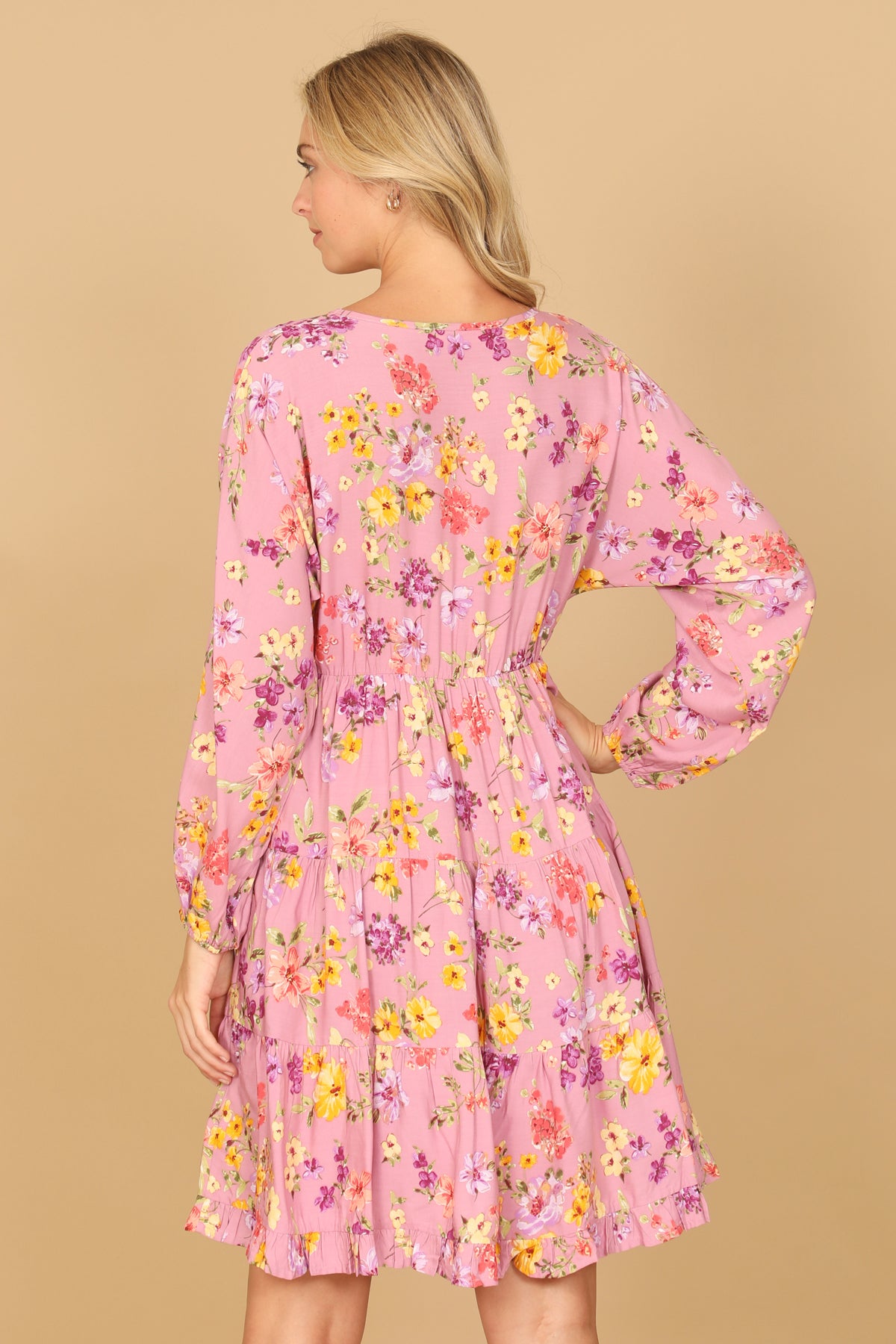 Floral Long Sleeve V-Neck Tiered Mini Dress