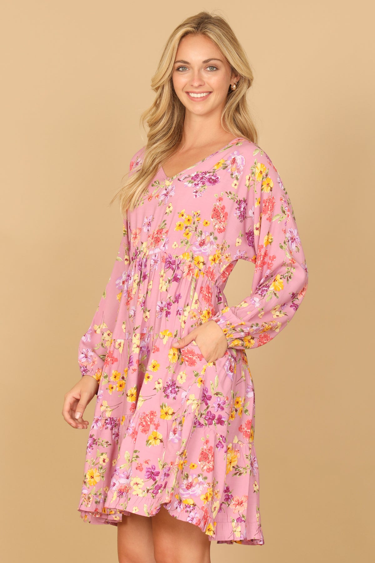 Floral Long Sleeve V-Neck Tiered Mini Dress
