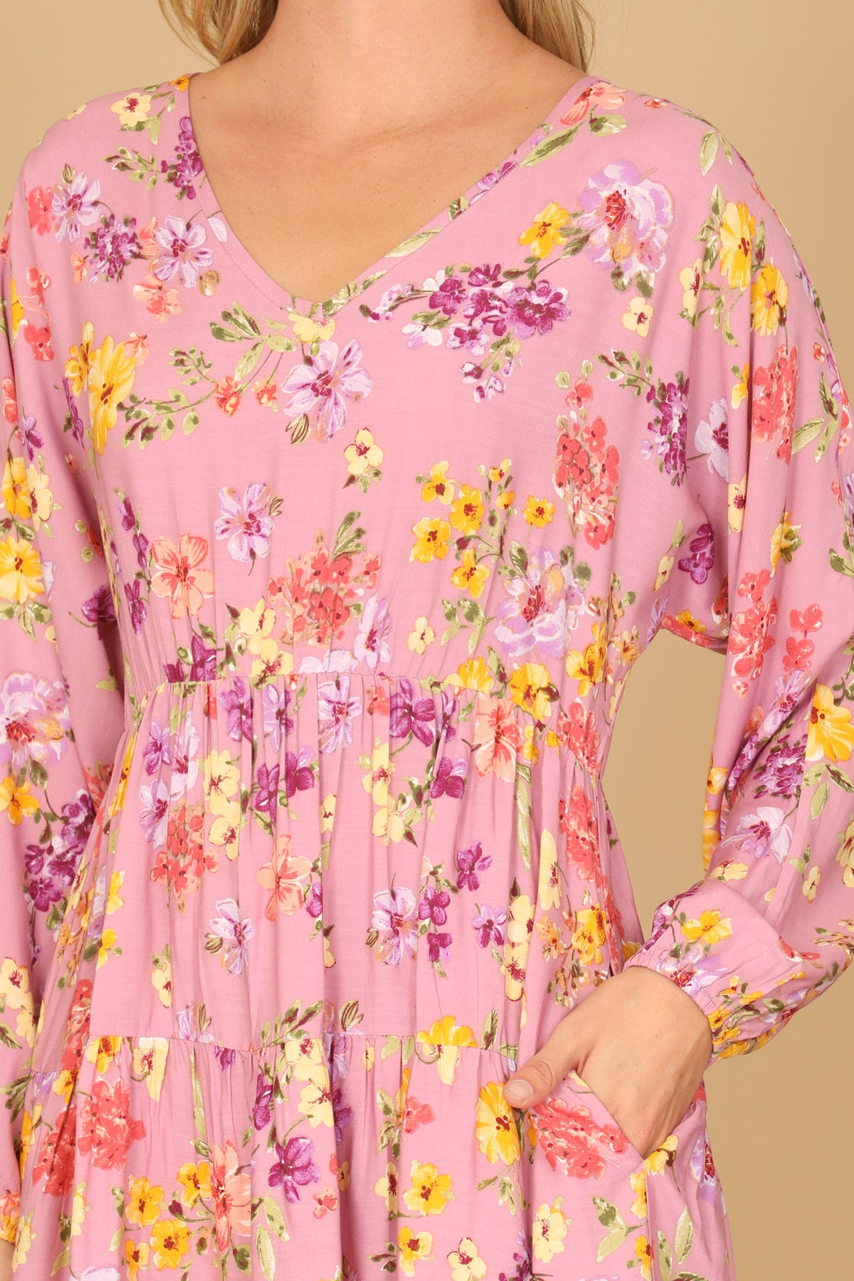 Floral Long Sleeve V-Neck Tiered Mini Dress