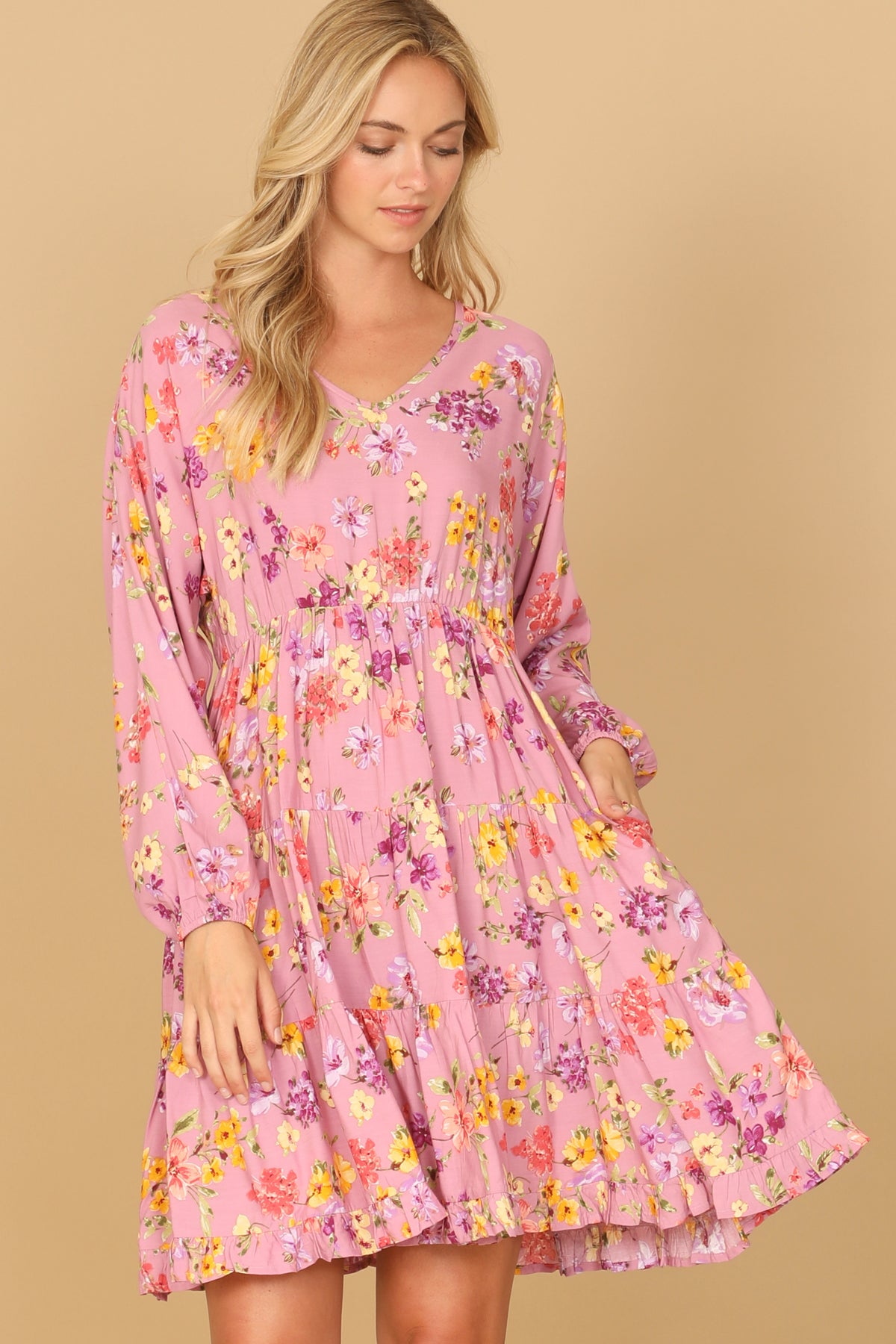 Floral Long Sleeve V-Neck Tiered Mini Dress