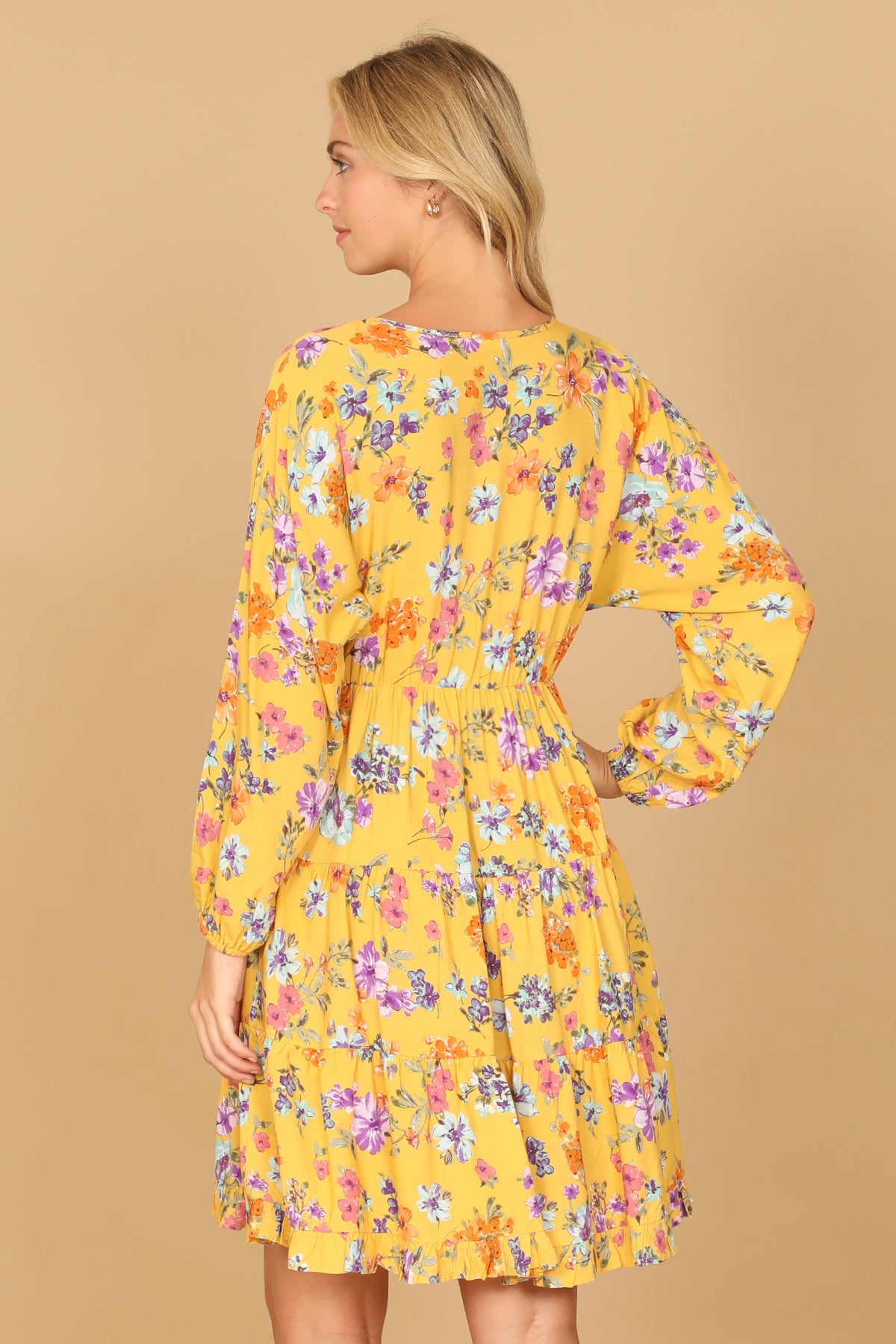 Floral Long Sleeve V-Neck Tiered Mini Dress