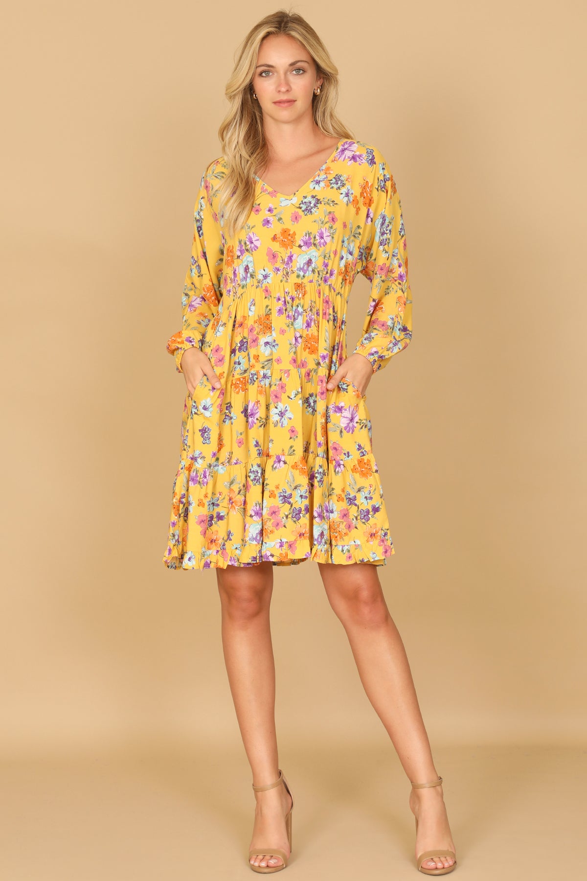 Floral Long Sleeve V-Neck Tiered Mini Dress