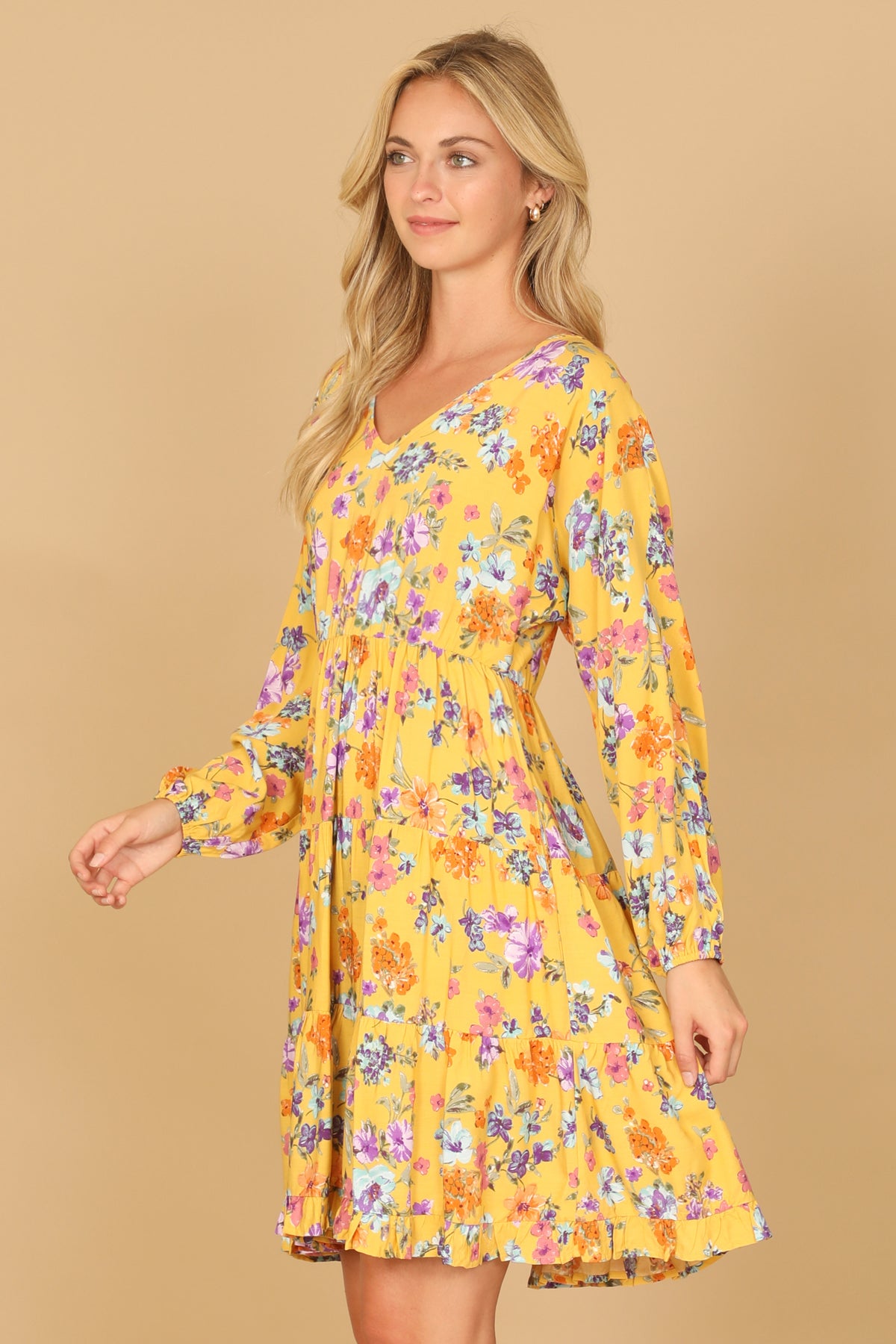 Floral Long Sleeve V-Neck Tiered Mini Dress