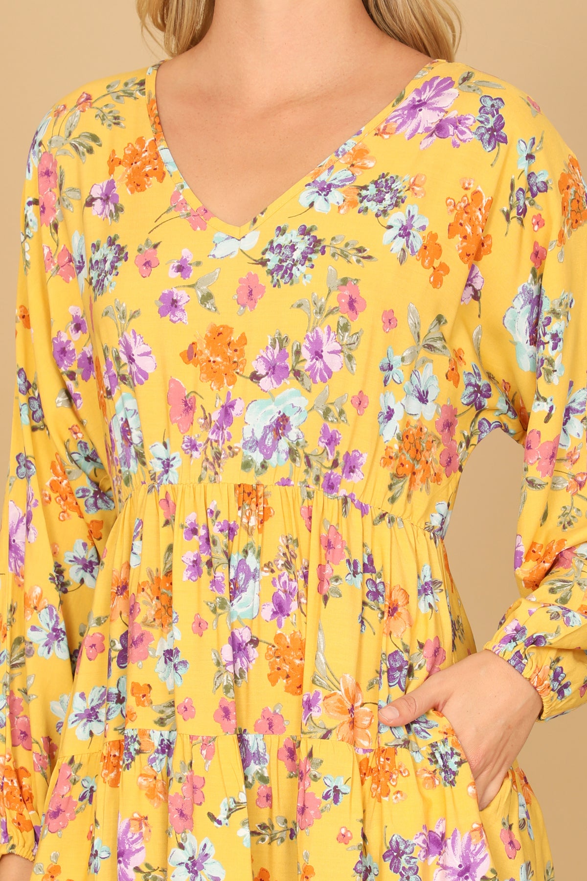 Floral Long Sleeve V-Neck Tiered Mini Dress
