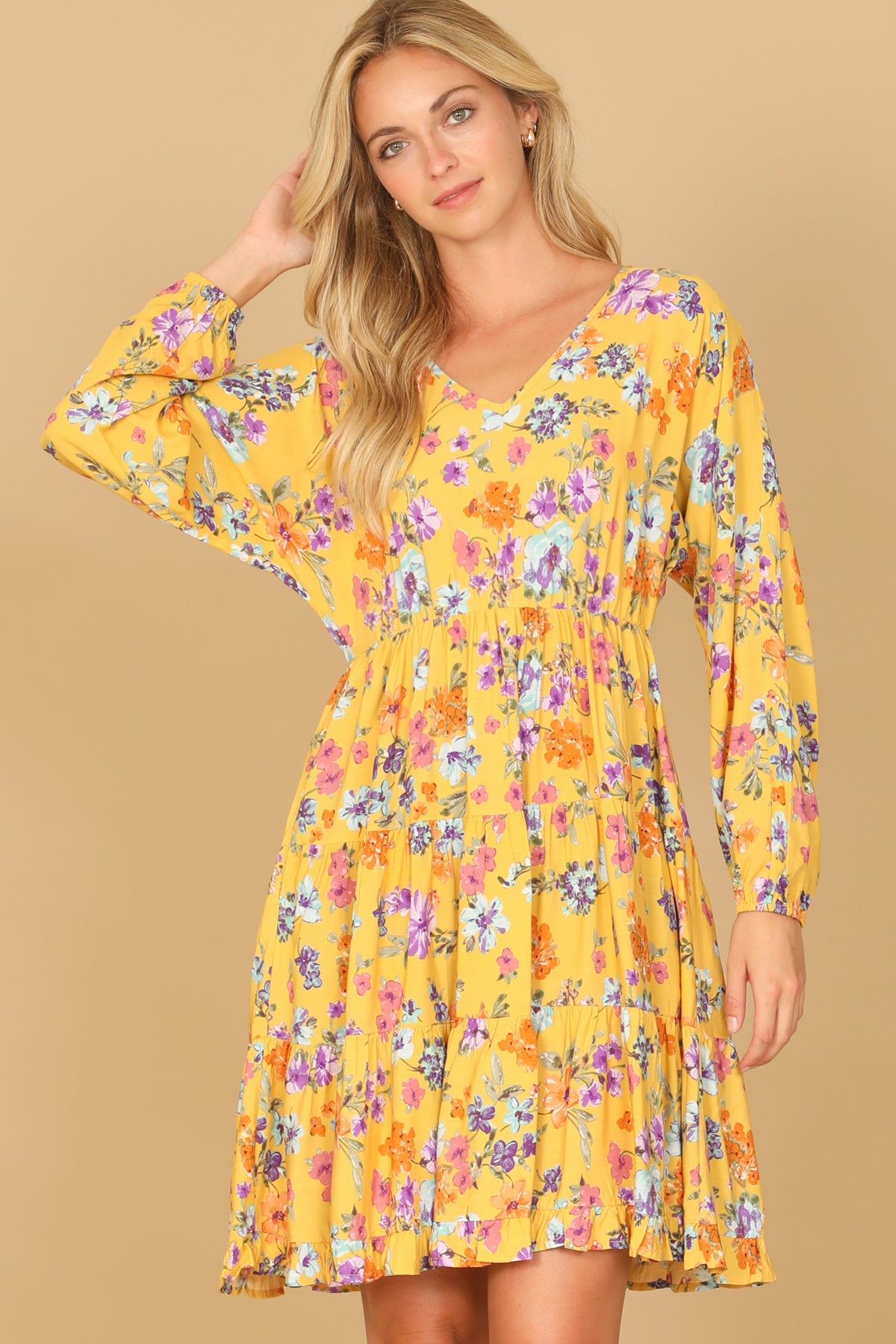 Floral Long Sleeve V-Neck Tiered Mini Dress