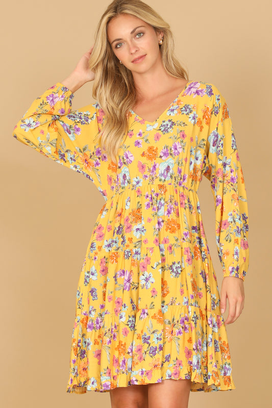 Floral Long Sleeve V-Neck Tiered Mini Dress