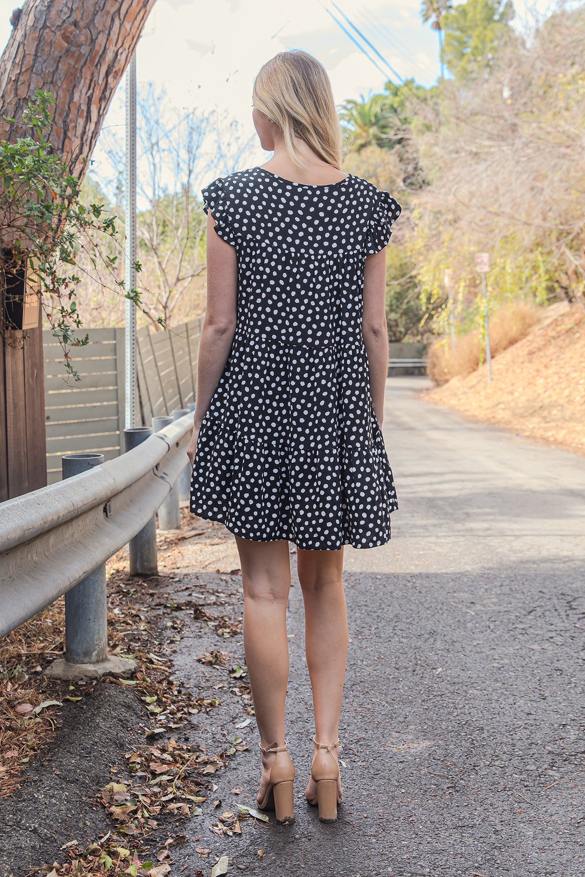 Rayon Challis Pebble Ruffle Sleeve Tiered Mini Dress