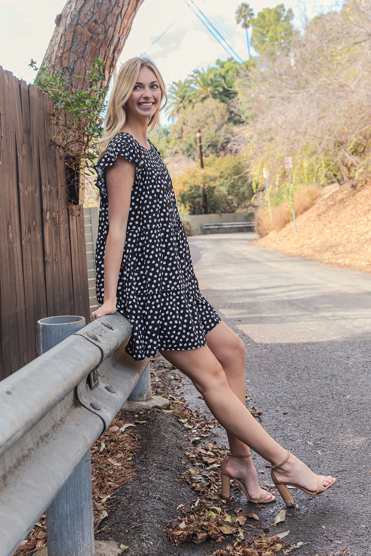 Rayon Challis Pebble Ruffle Sleeve Tiered Mini Dress