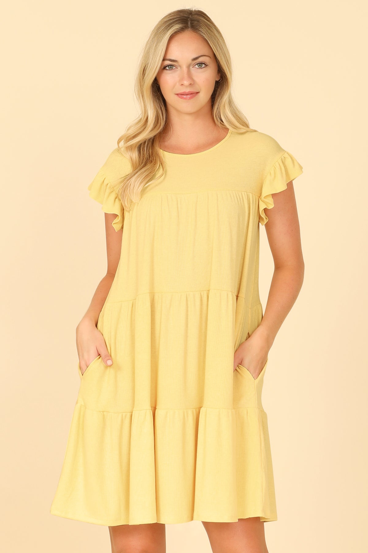 Ribbed Ruffle Sleeve Side Pocket Solid Tiered Mini Dress