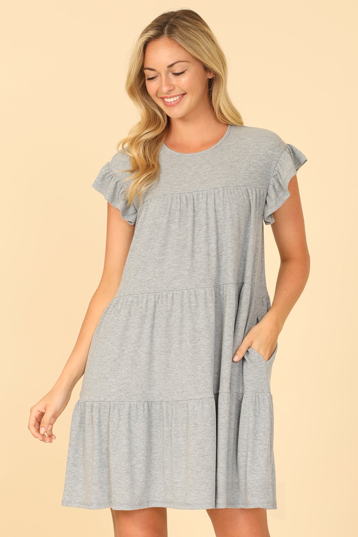 Ribbed Ruffle Sleeve Side Pocket Solid Tiered Mini Dress
