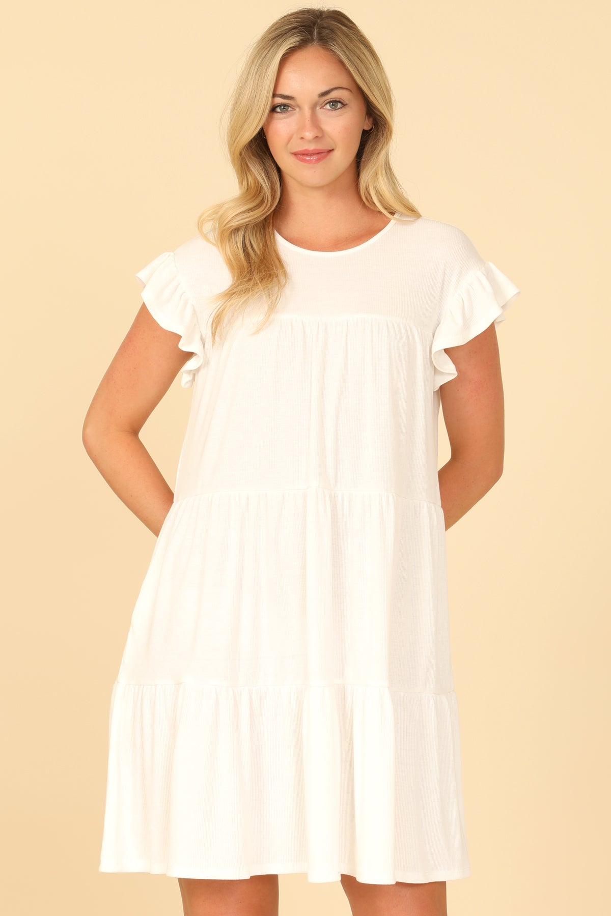 Ribbed Ruffle Sleeve Side Pocket Solid Tiered Mini Dress