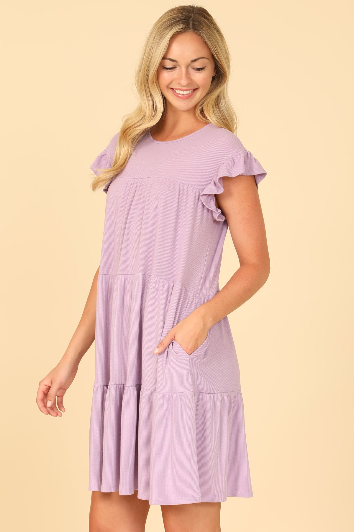 Ribbed Ruffle Sleeve Side Pocket Solid Tiered Mini Dress