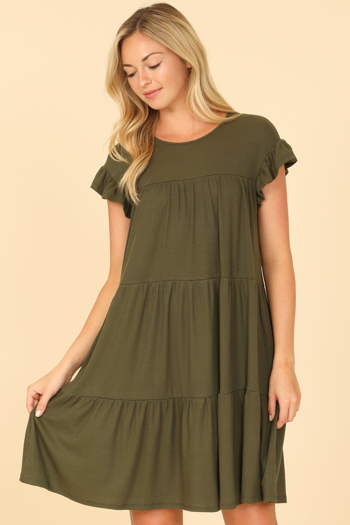 Ribbed Ruffle Sleeve Side Pocket Solid Tiered Mini Dress