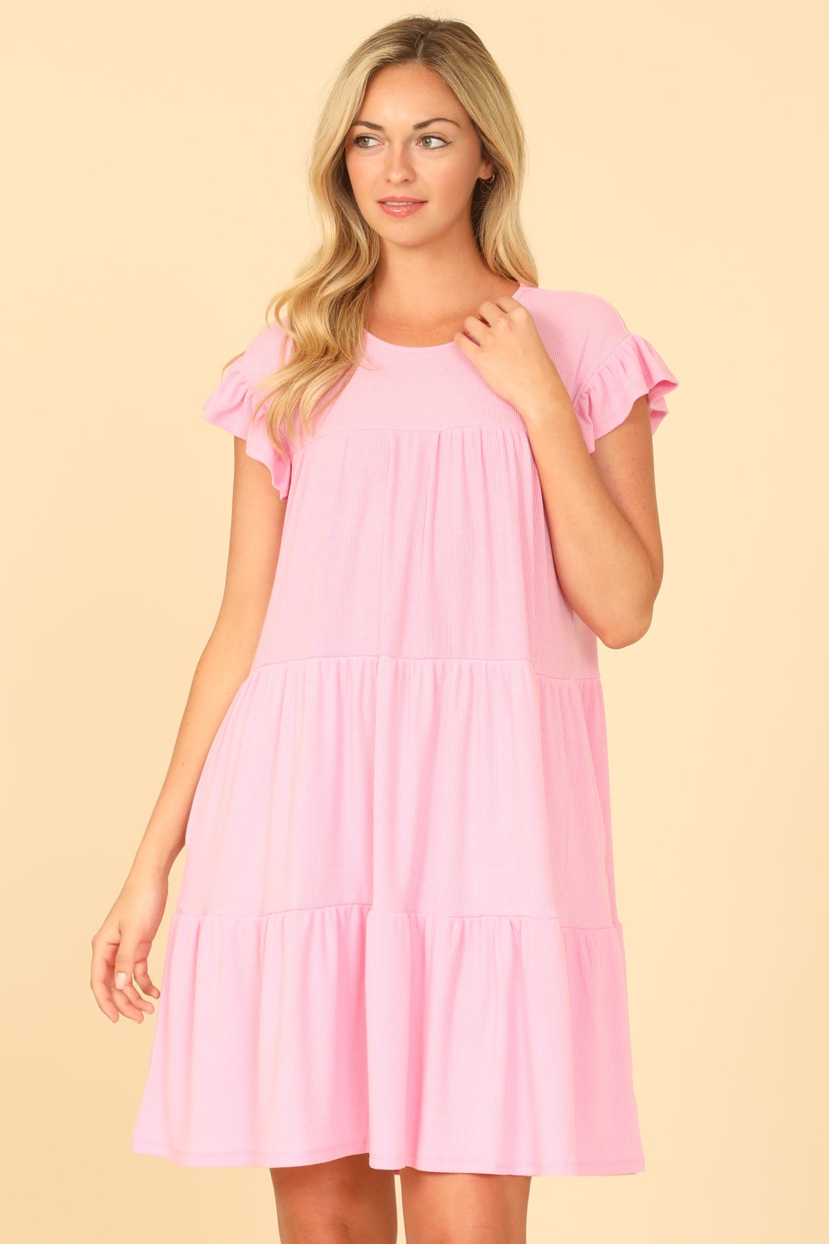 Ribbed Ruffle Sleeve Side Pocket Solid Tiered Mini Dress