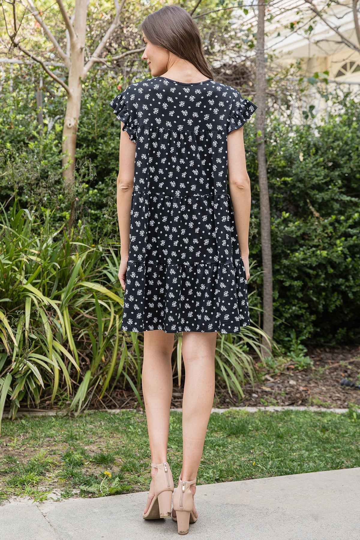 Ruffle Sleeve Side Pocket Floral Tiered Mini Dress