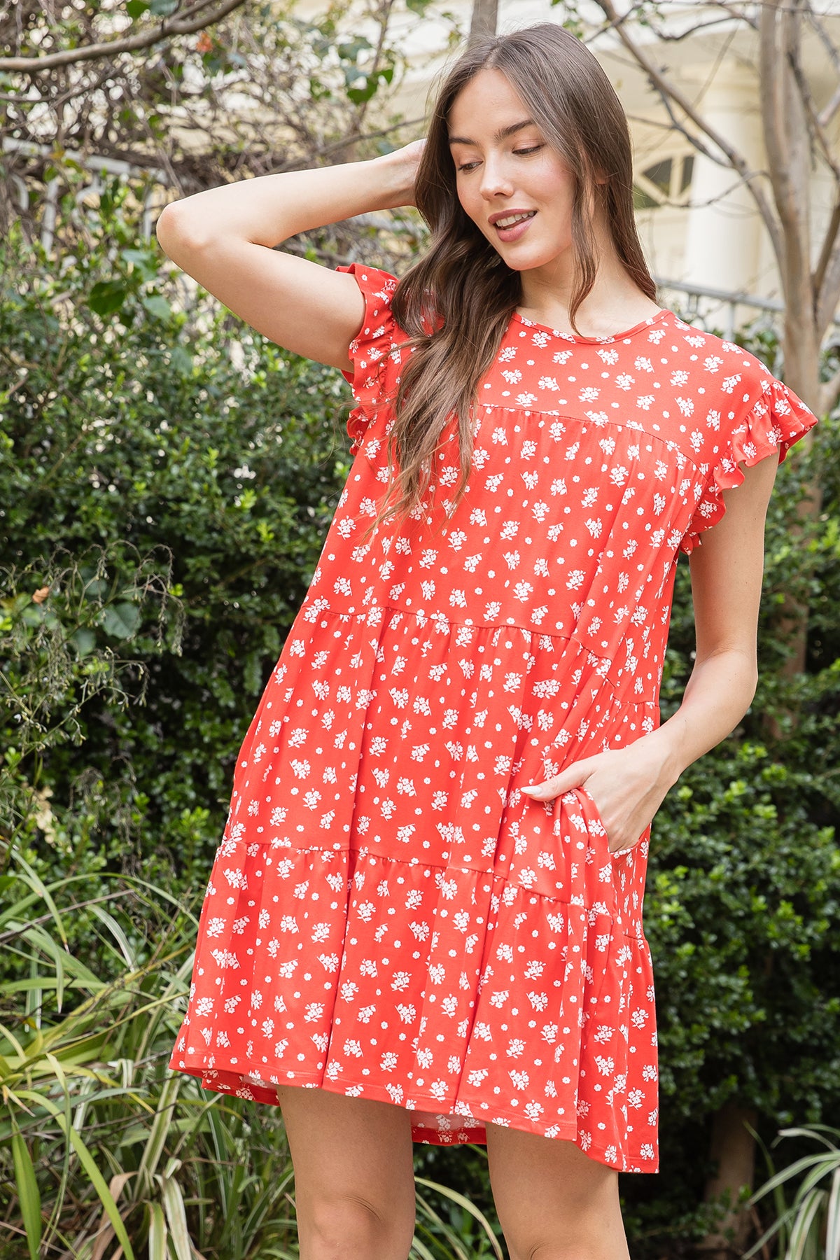 Ruffle Sleeve Side Pocket Floral Tiered Mini Dress