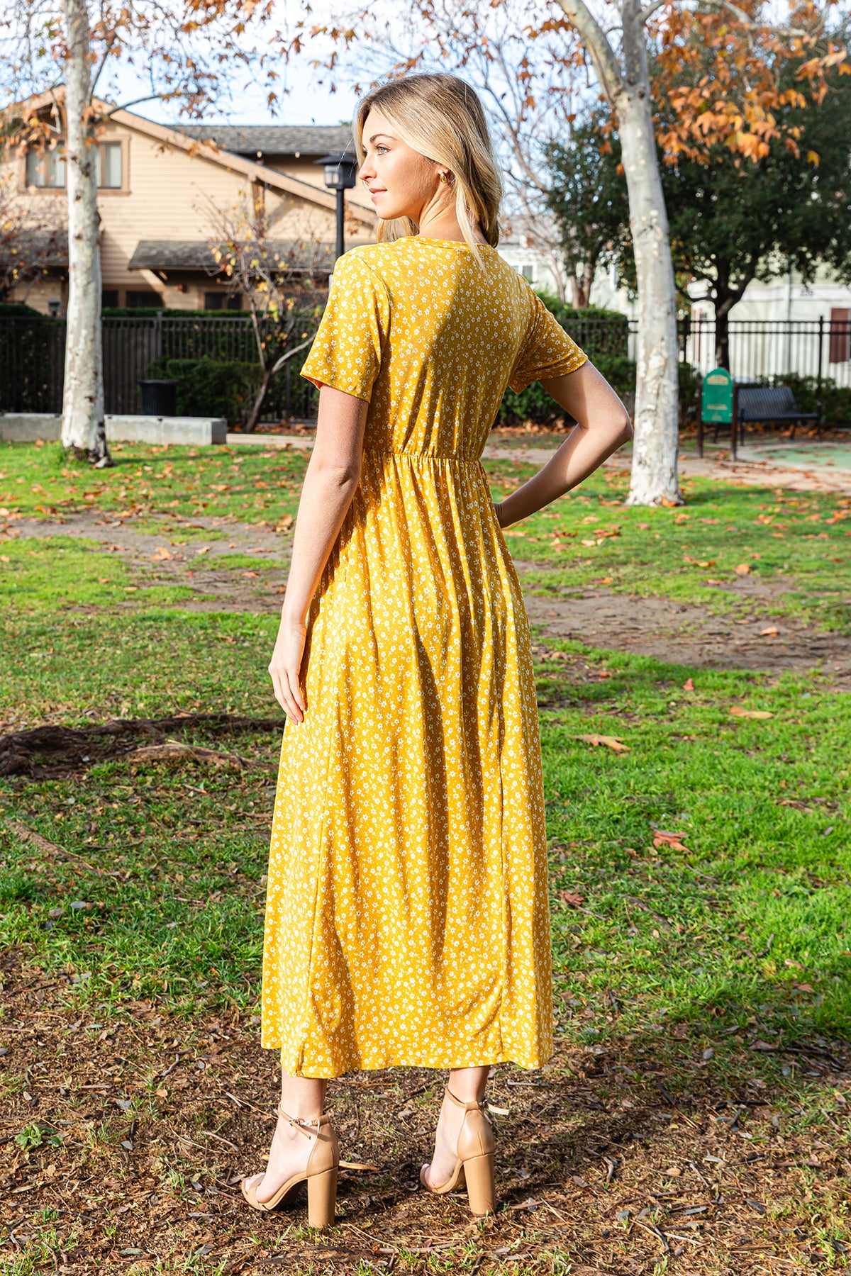 Short Sleeve Ditsy Floral Elastic Waist Maxi Dress