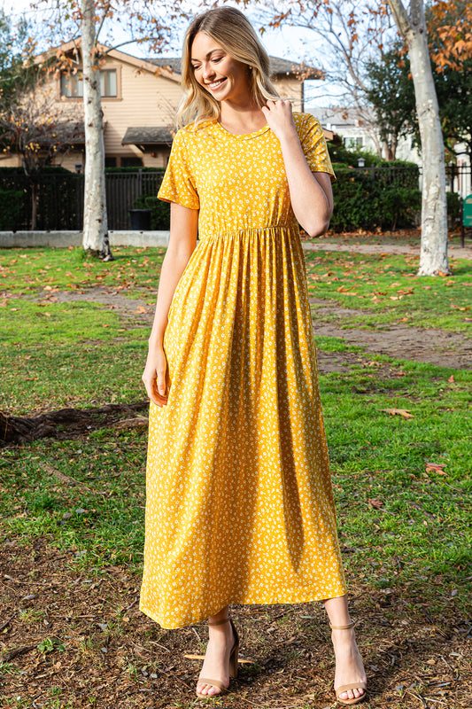 Short Sleeve Ditsy Floral Elastic Waist Maxi Dress