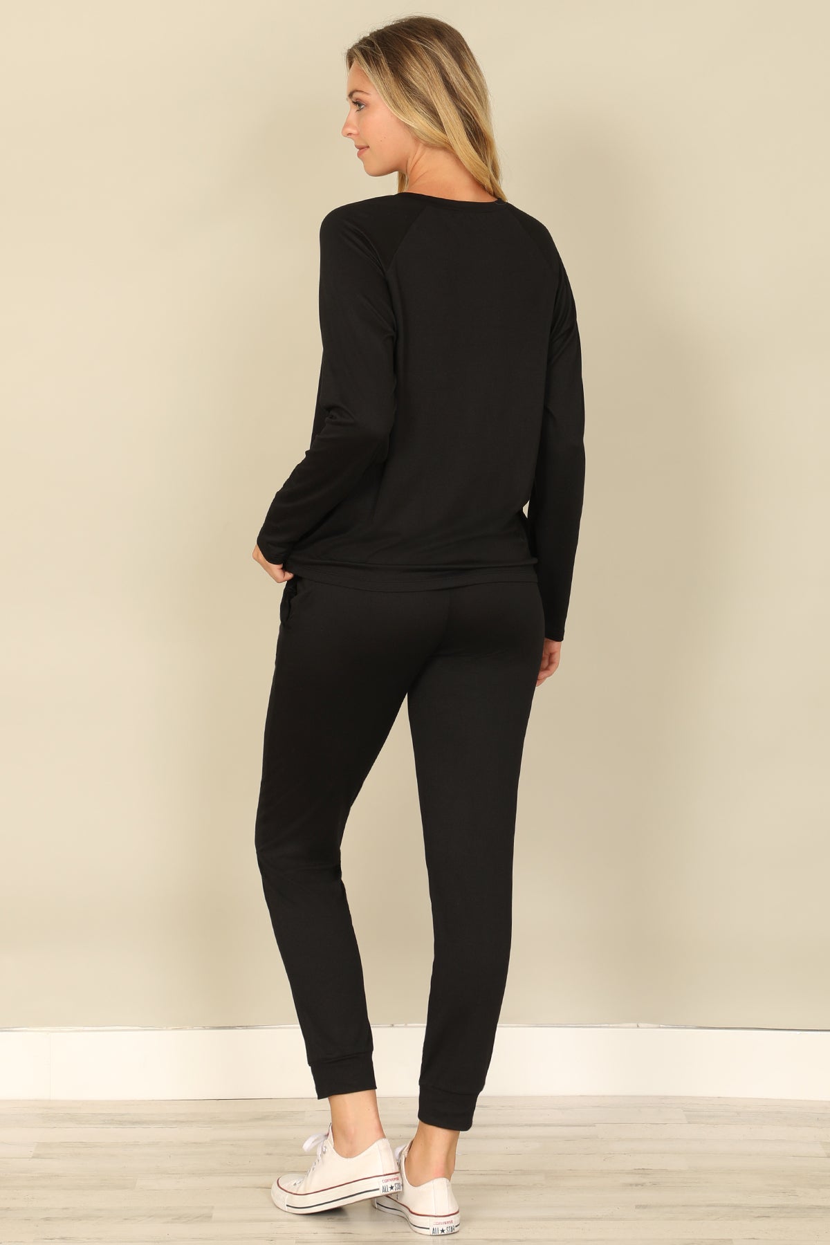 Solid Long Sleeve Top And Joggers Set With Self Tie