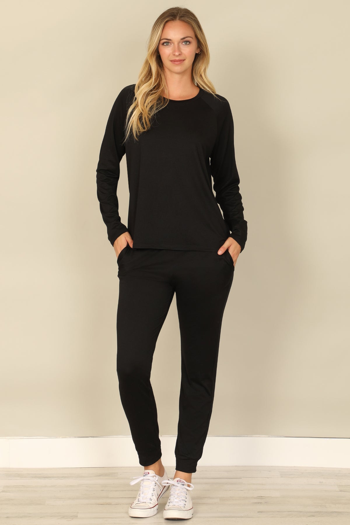 Solid Long Sleeve Top And Joggers Set With Self Tie