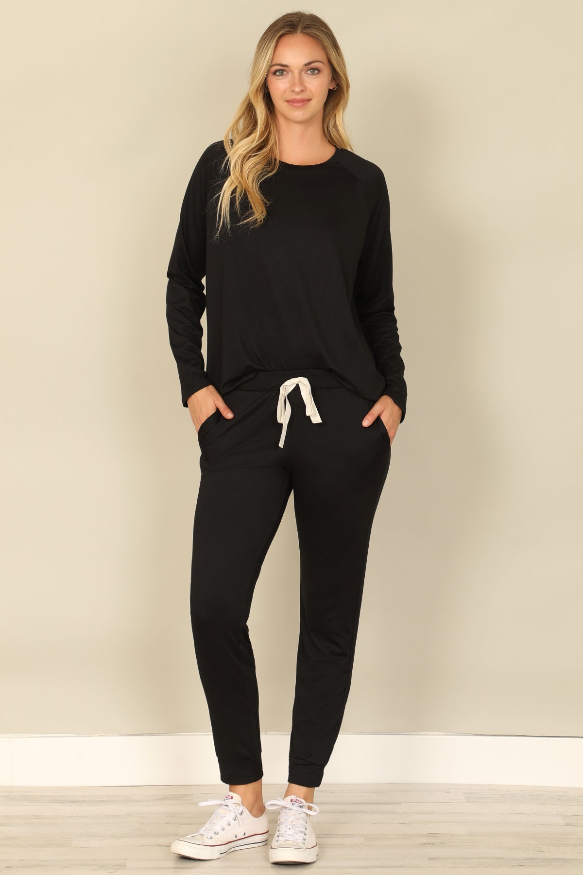 Solid Long Sleeve Top And Joggers Set With Self Tie