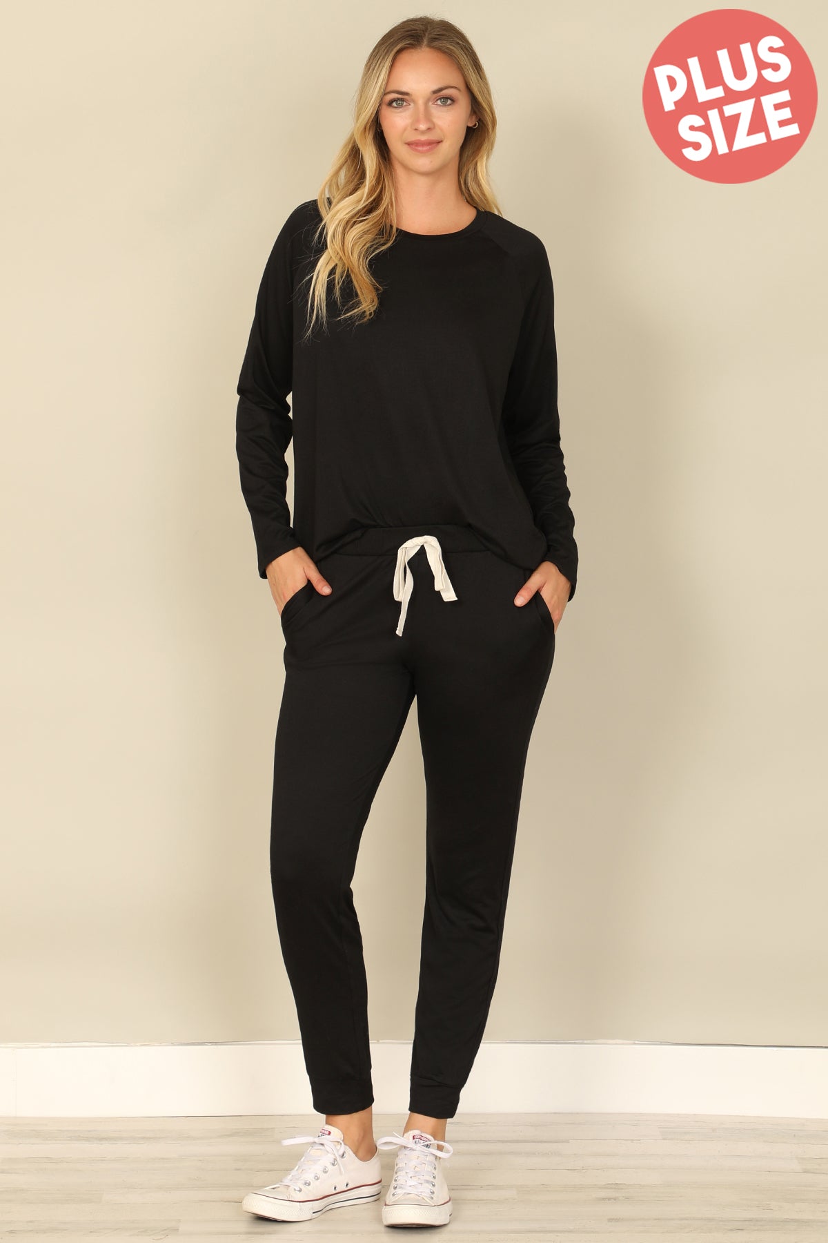 Plus Size Long Sleeve Top And Joggers Set With Self Tie