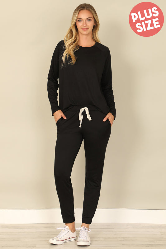 Plus Size Long Sleeve Top And Joggers Set With Self Tie