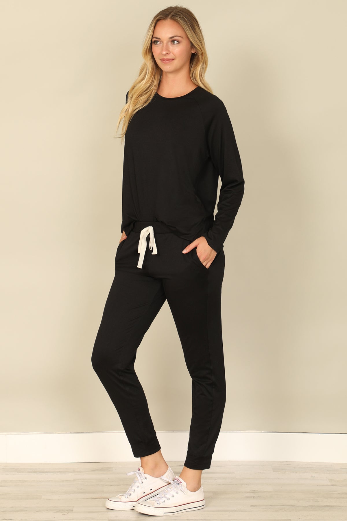 Solid Long Sleeve Top And Joggers Set With Self Tie