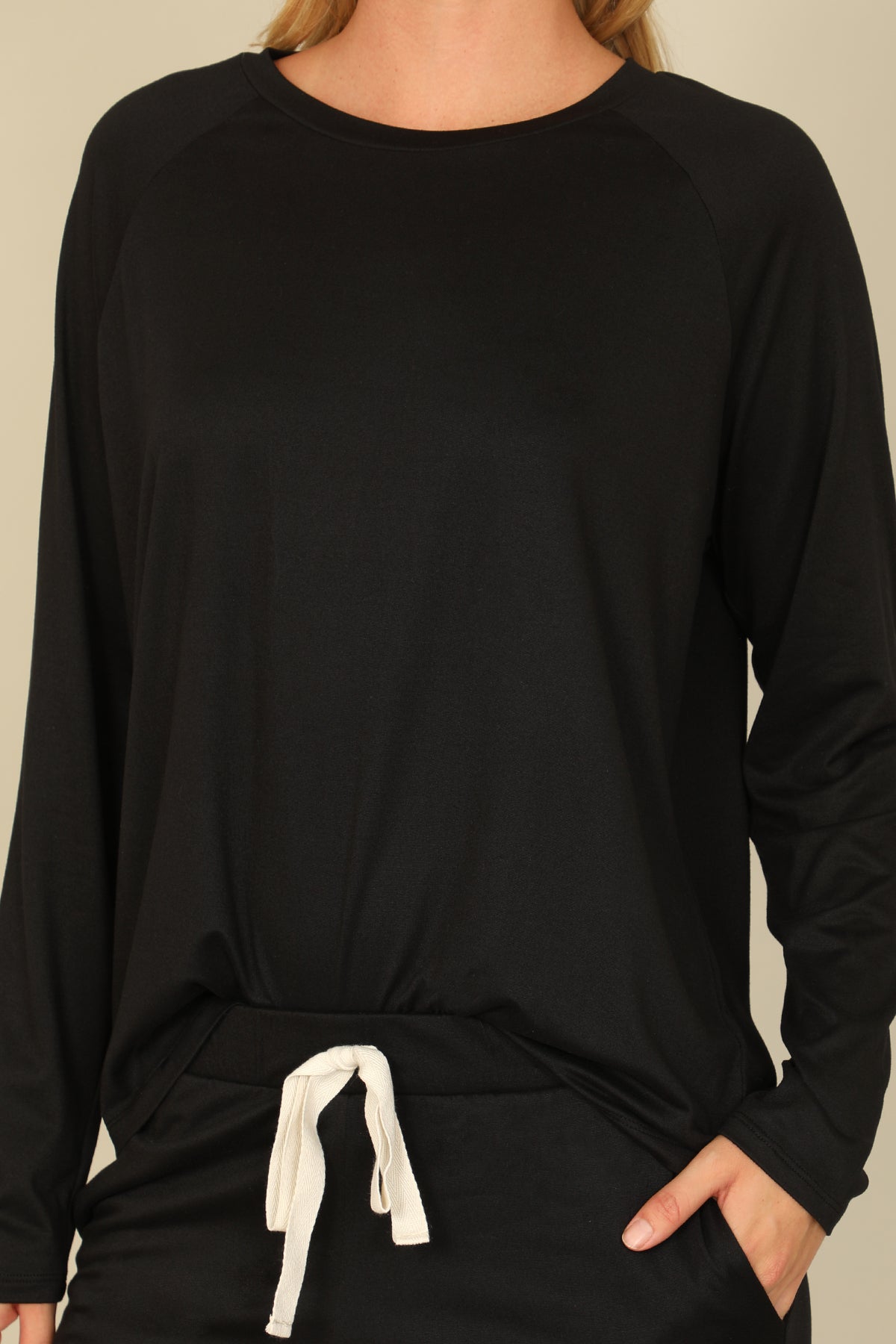 Solid Long Sleeve Top And Joggers Set With Self Tie