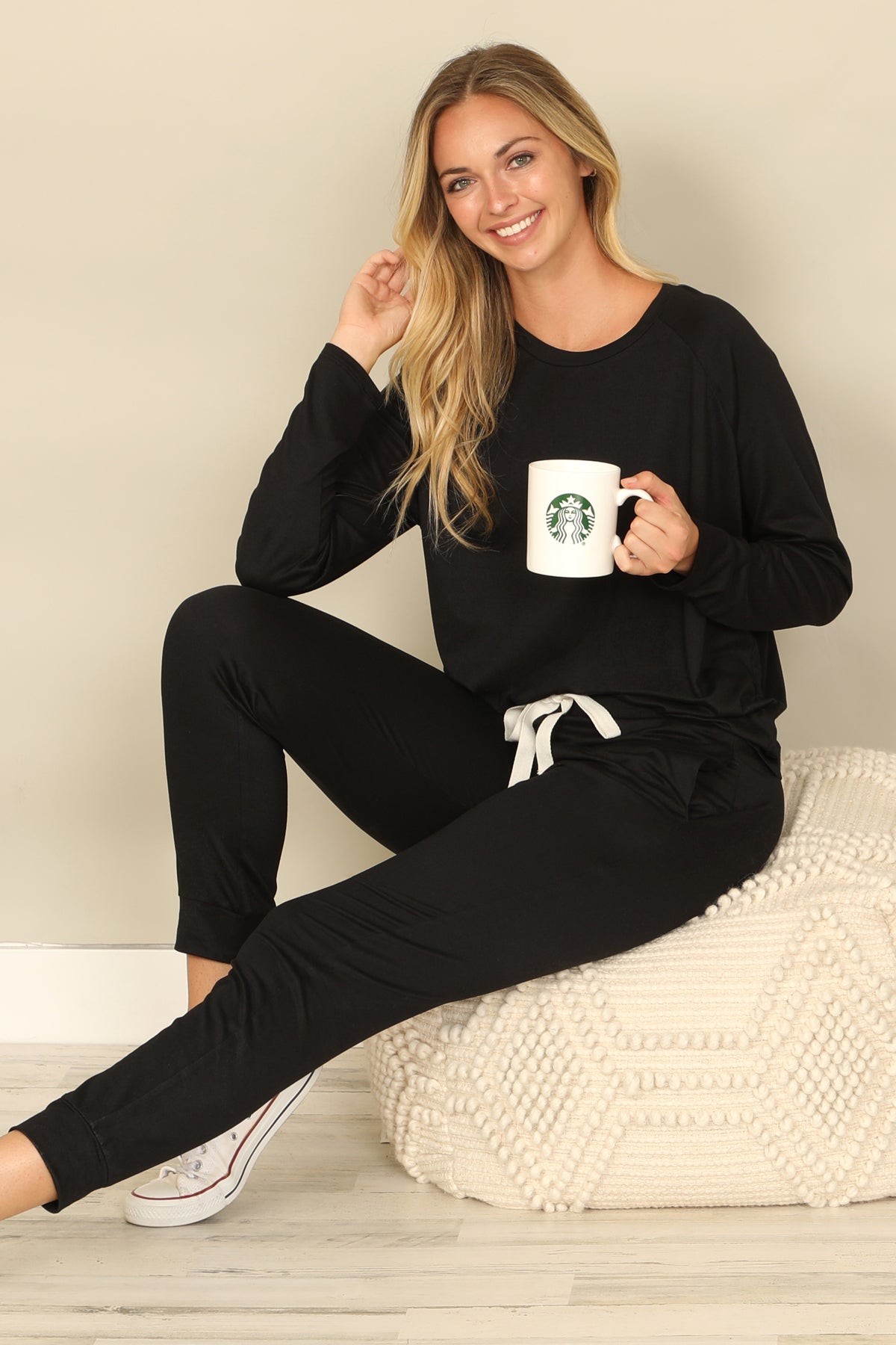 Solid Long Sleeve Top And Joggers Set With Self Tie