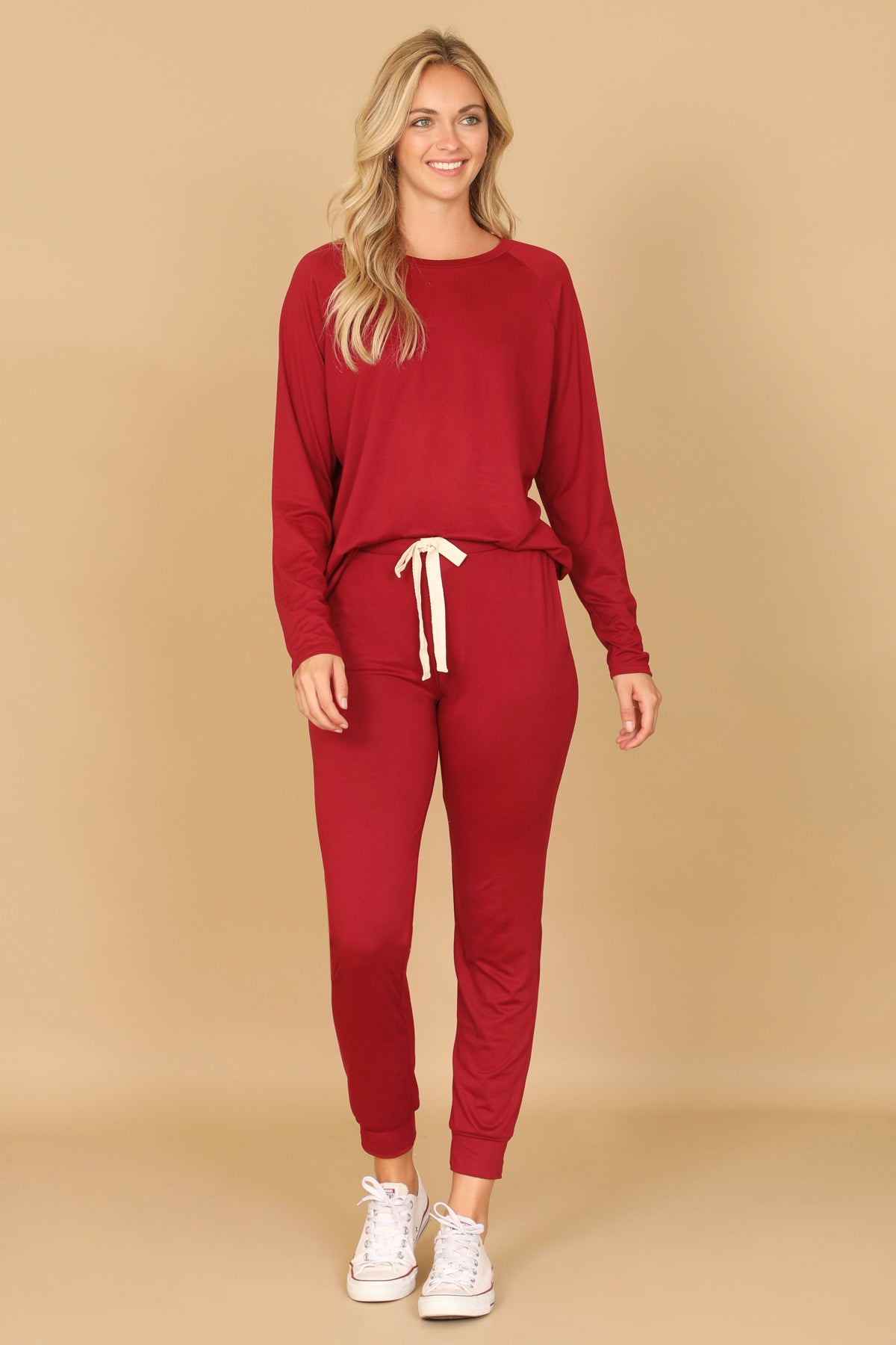 Solid Long Sleeve Top And Joggers Set With Self Tie