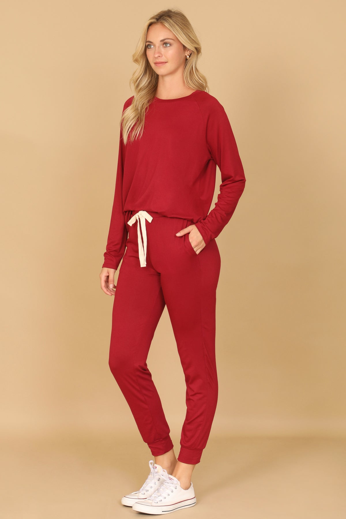 Solid Long Sleeve Top And Joggers Set With Self Tie