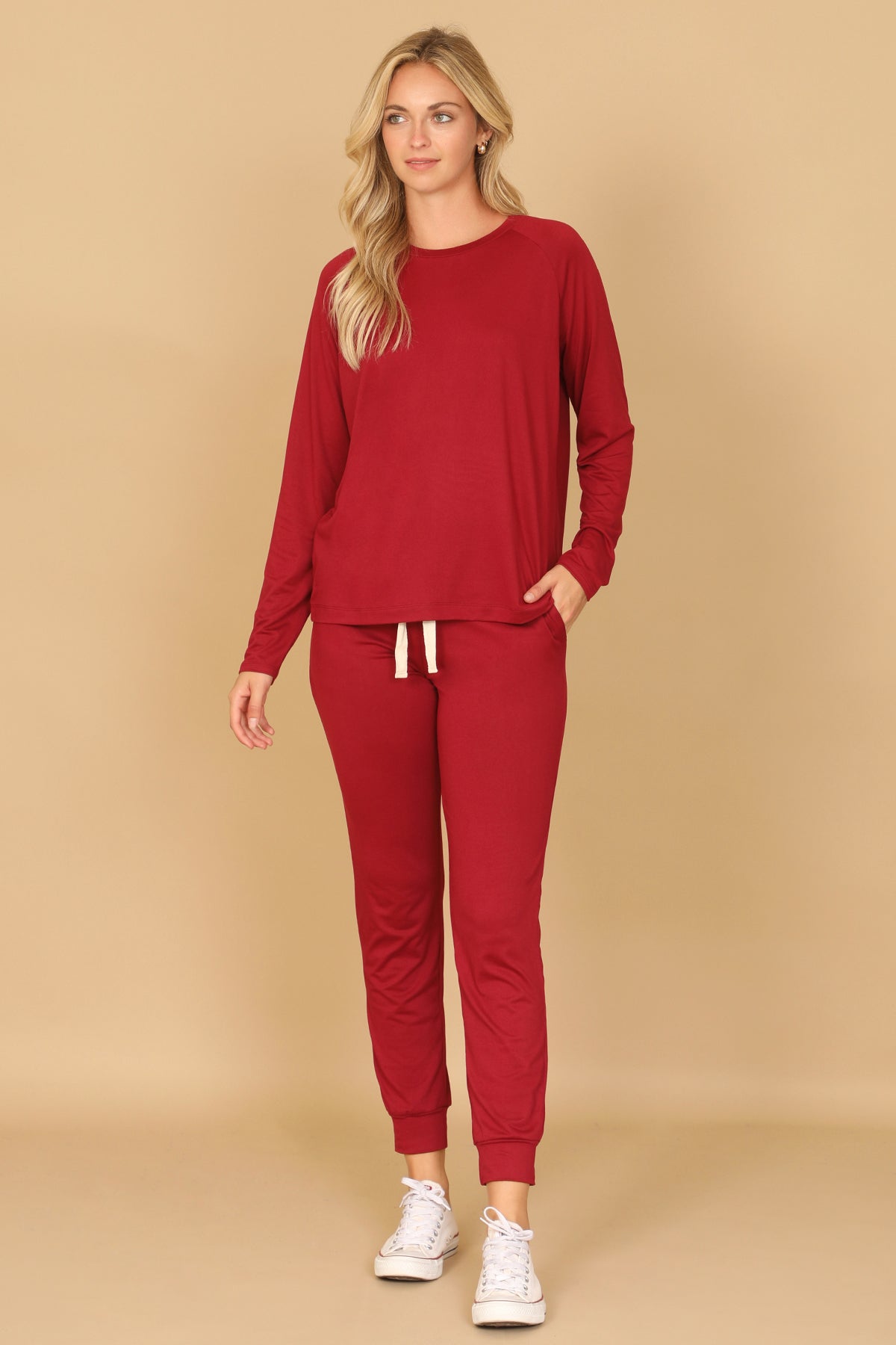 Solid Long Sleeve Top And Joggers Set With Self Tie