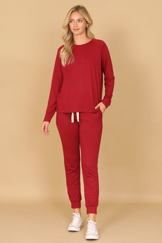 Solid Long Sleeve Top And Joggers Set With Self Tie