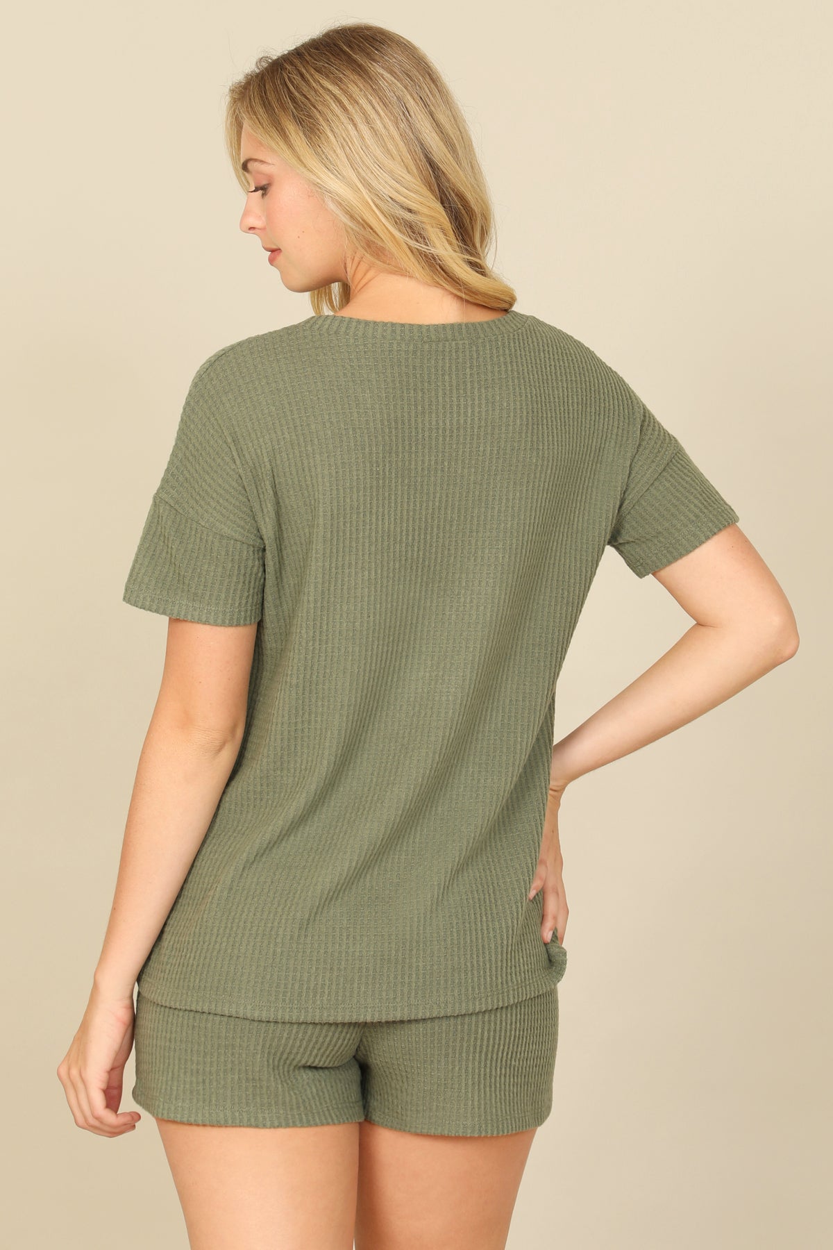 Brushed Waffle Short Sleeve Top And Elastic Waist Shorts Set