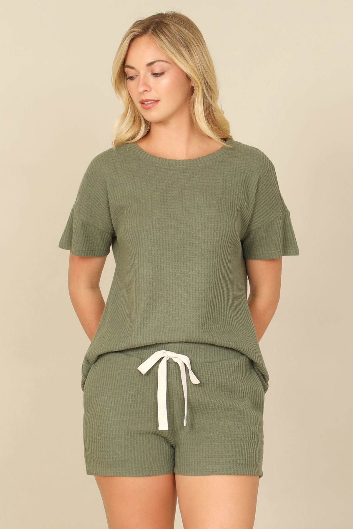 Brushed Waffle Short Sleeve Top And Elastic Waist Shorts Set