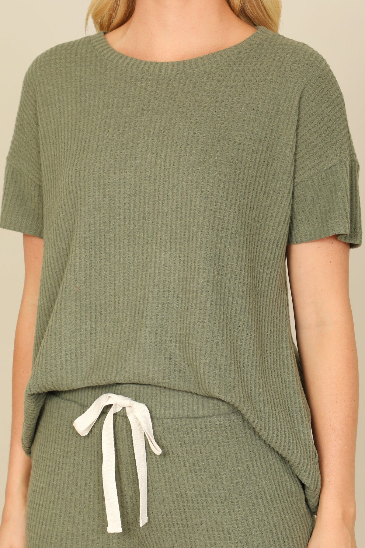 Brushed Waffle Short Sleeve Top And Elastic Waist Shorts Set
