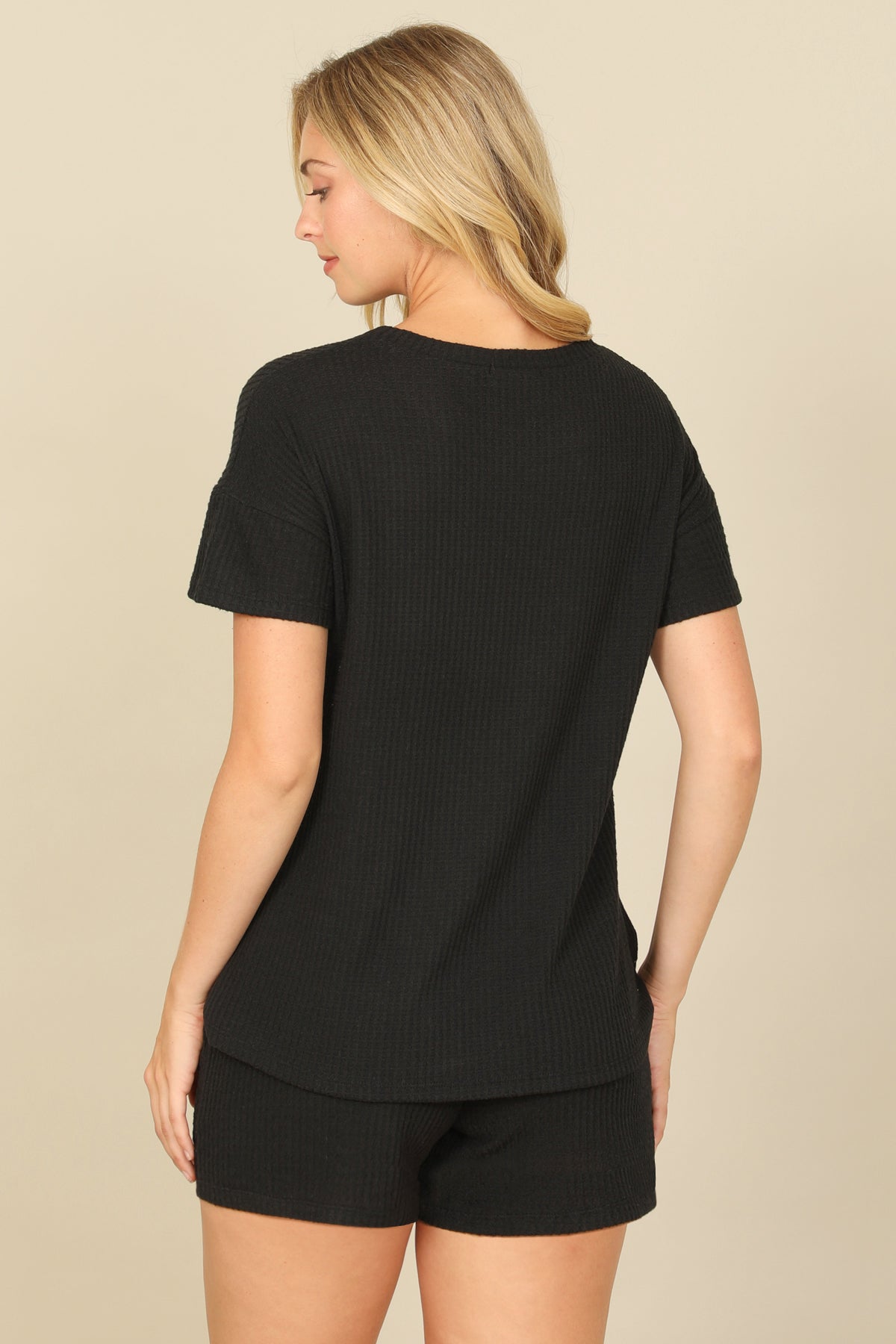 Brushed Waffle Short Sleeve Top And Elastic Waist Shorts Set